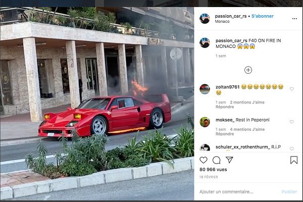 Une Ferrari F40 tout feu tout flamme à Monaco !